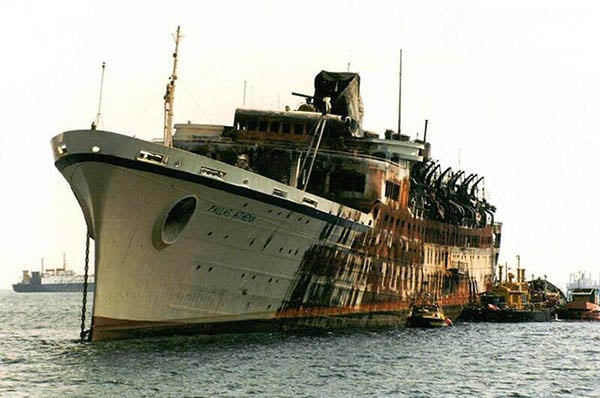 Pallas Athena laid up in Perama Bay in 1994 after its fire.
