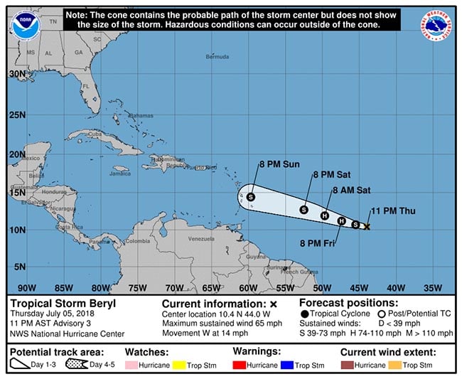 Will Tropical Storm Beryl affect MSC Seaside July 7?