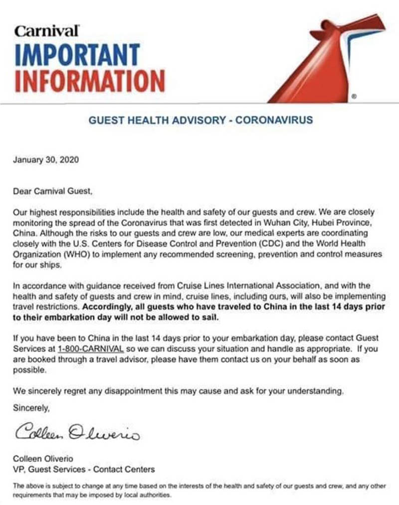 Carnival Cruises Coronavirus Notification