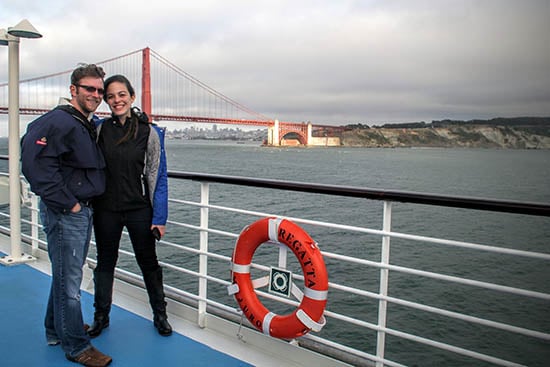 Larissa and Billy on Oceania Regatta sailing out of San Francisco passed the Golden Gate Bridge