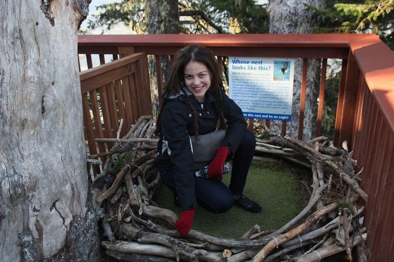 Larissa in a Recreated Bald Eagle's Nest at the Mount Roberts Nature Center