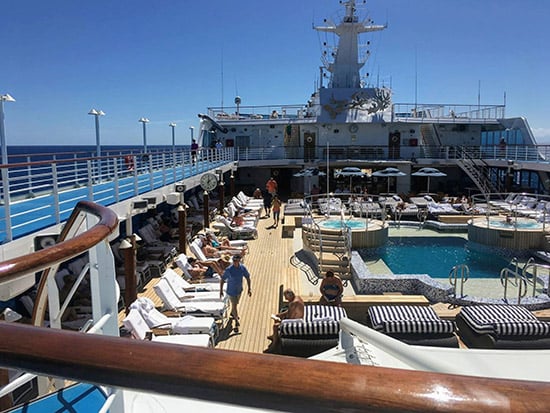 Even on a day like this there is no shortage of loungers on the deck of Oceania Sirena