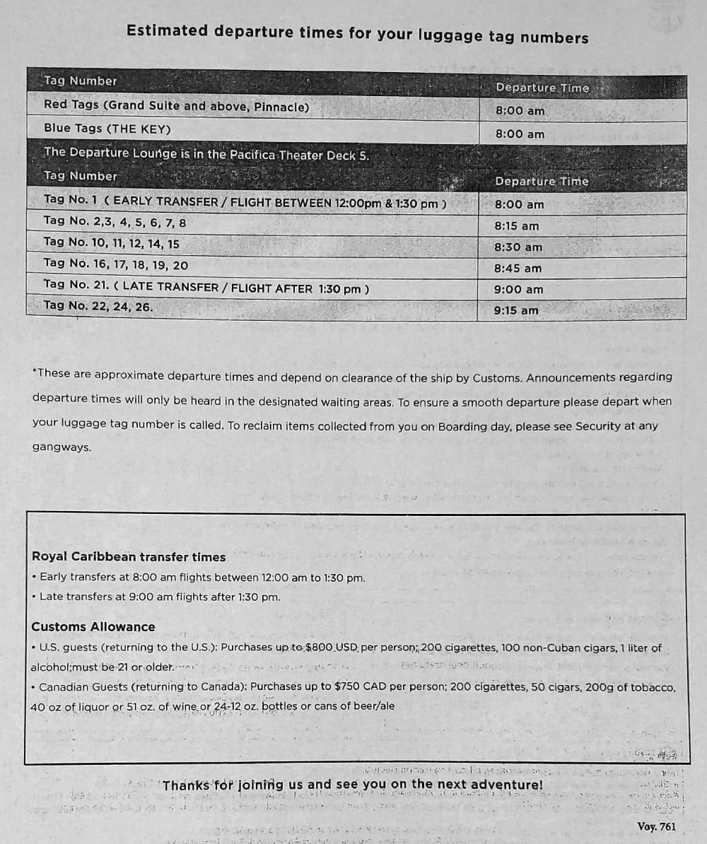 Luggage Tag Numbers with Schedule for End of Cruise