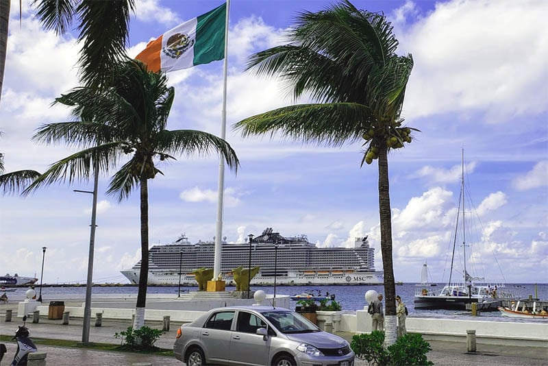 MSC Seaside seen from Parque Benito Juarez in Cozumel, Mexico