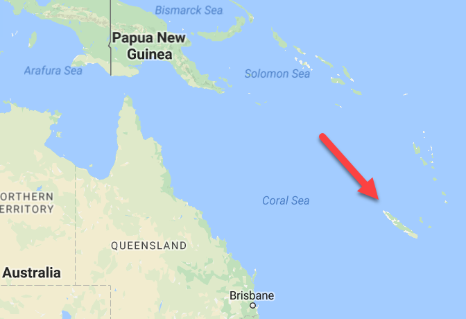 New Caledonia is a French territory east of Australia.