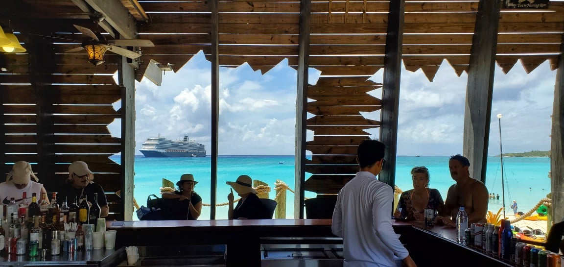 Nieuw Statendam and Half Moon Cay Beach from the Pirate Bar