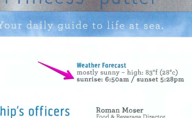 Princess Patter Daily Program Showing Sunrise/Sunset Times