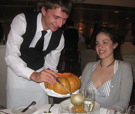 Enjoying vegan pumkin soup in the Grand Dining Room on Oceania Marina