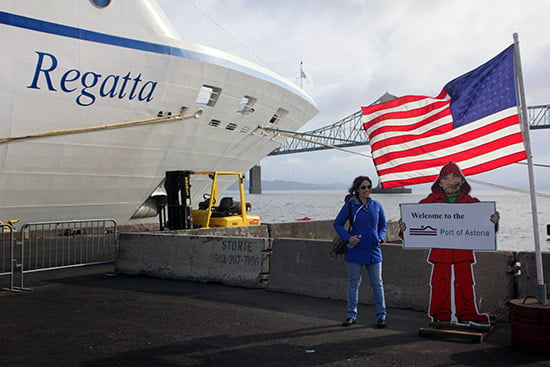 Larissa in front of Oceania Regatta in Astoria, Oregon