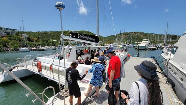 boarding a catamaran in st thomas