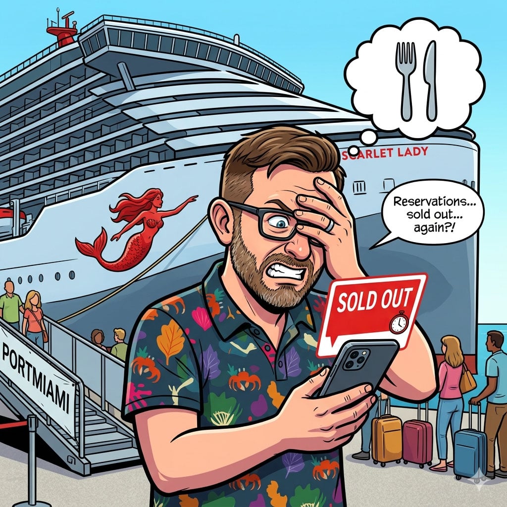 Billy looking at phone in front of Scarlet Lady