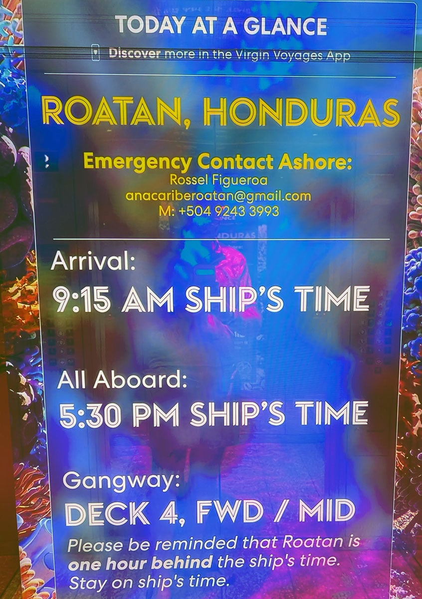 port agent and ship time info on VV elevator while in port