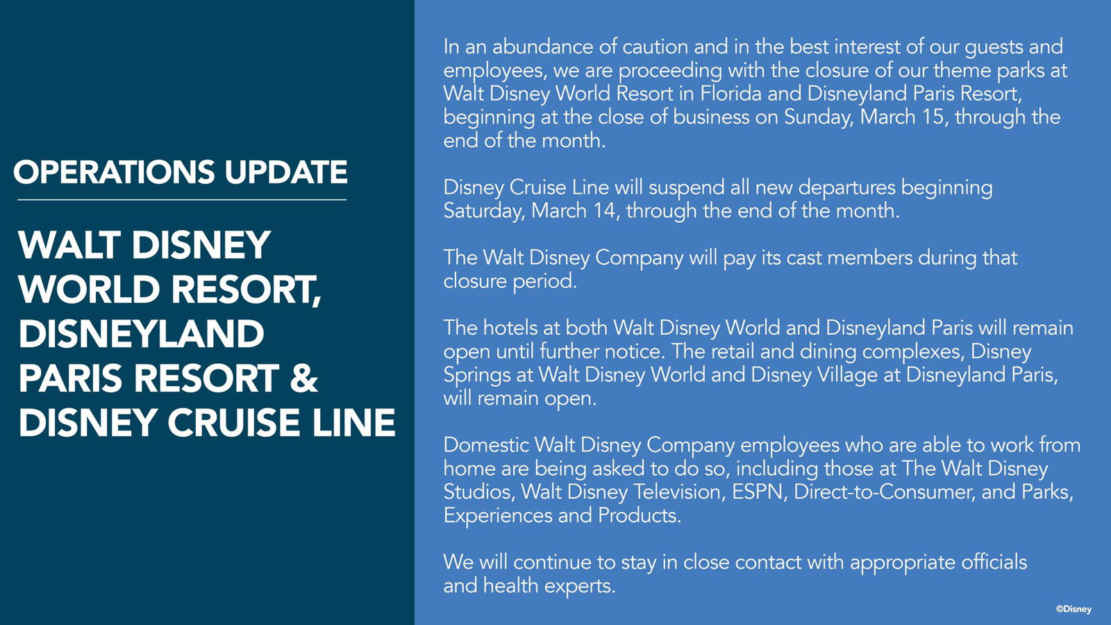 Disney Cruise Line & Parks & Resorts Suspect Operations Due to Coronavirus