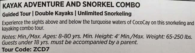Royal Caribbean Coco Cay Kayak Adventure tour snorkel