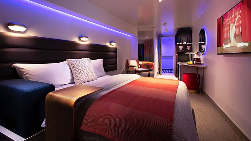 Cabin with Seabed in Night Mode on Virgin Voyages' Scarlet Lady