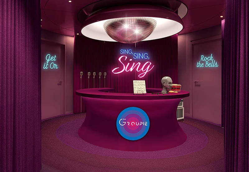 The Groupie Karaoke, Gaming, and Movie Lounge on Virgin Voyages' Scarlet Lady