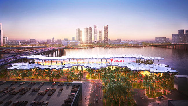 Virgin Voyages PortMiami Terminal against the Miami Skyline