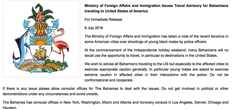 Bahamian Government Advisory for Citizens Traveling to the United States