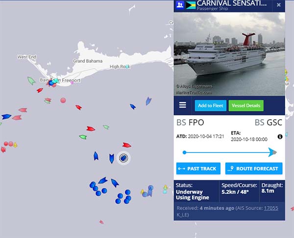 Carnival Sensation Surrounded by Other Cruise Ships South of Freeport Bahamas