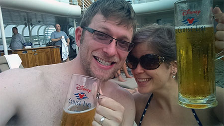 An Objectively Unflattering Shot of My Friend & I With DCL Beer Mugs