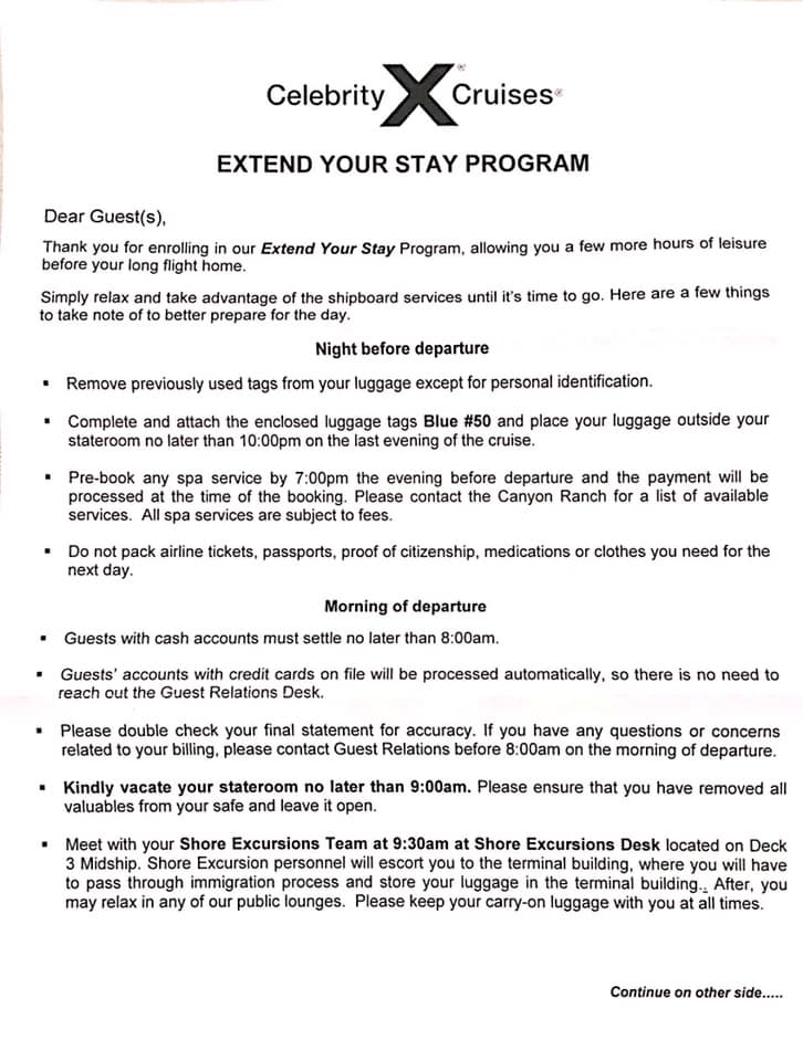 Letter to Celebrity "Extend Your Stay" Guests - Side 1