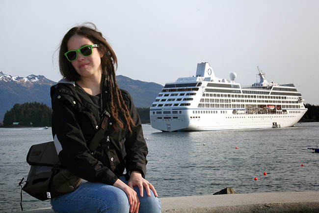 Larissa in front of the Oceania Regatta