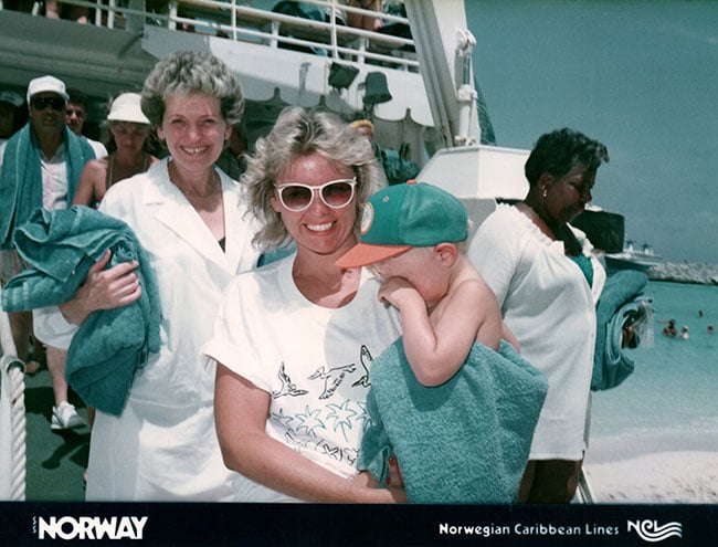 Taken circa 1986: Billy's Grandmother, Mother, and Toddler Billy Stepping Off a Tender at Great Stirrup Cay - SS Norway in the Background