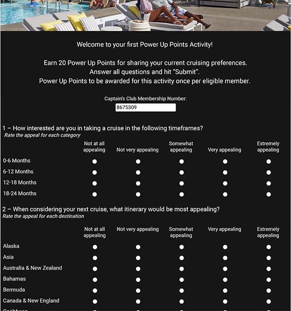 Power Up Points Survey Questions - Celebrity Cruises
