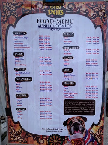 the pub menu in cozumel