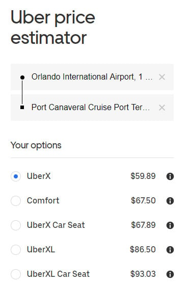 Uber Estimate with Car Seat - Orlando International (MCO) to Port Canaveral