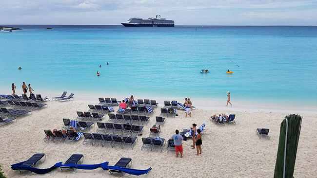 the beach at Half Moon Cay - Niuew Amsterdam in the background